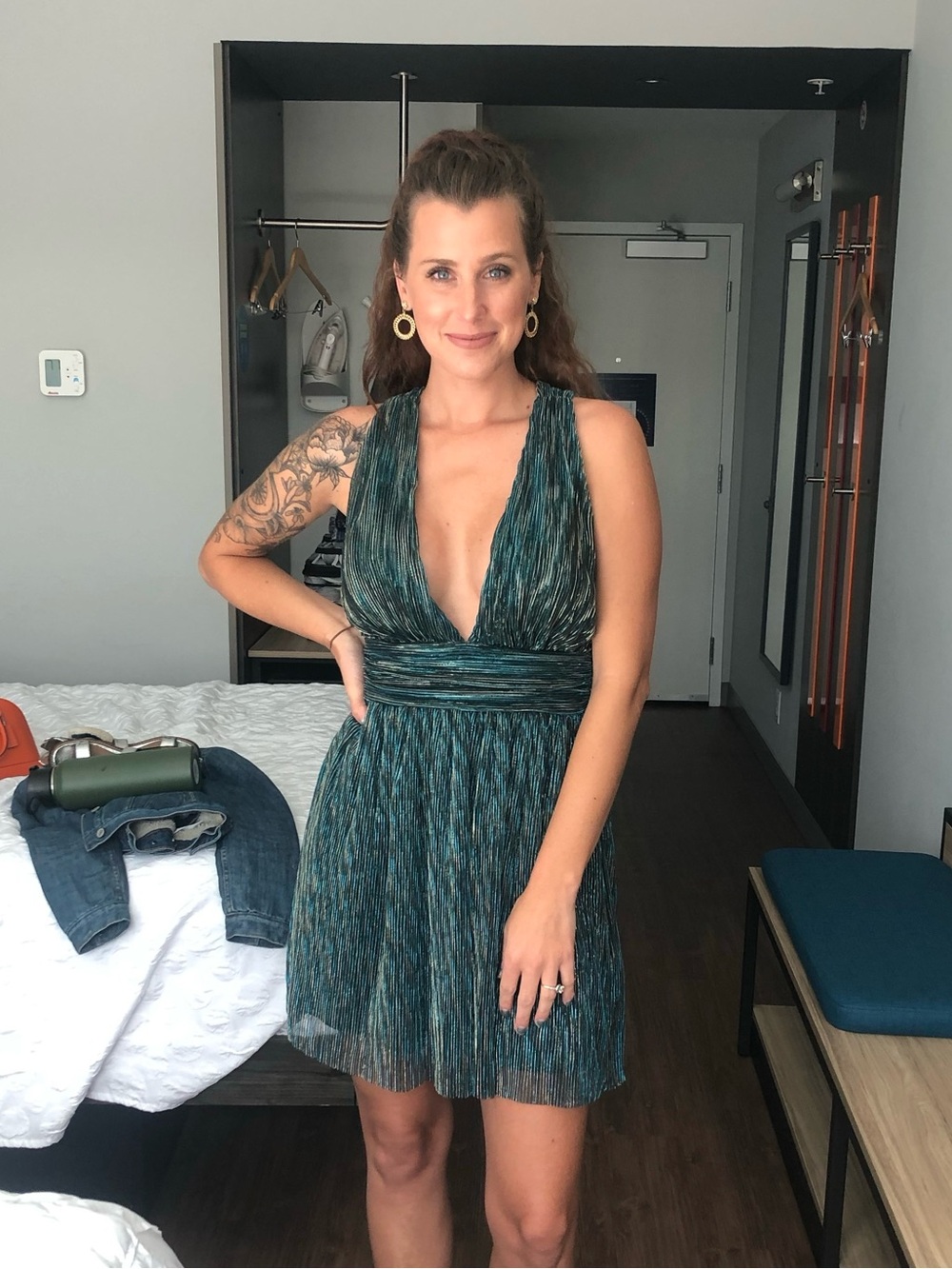 Deep Teal Metallic Plunging V-Neck Mini Dress